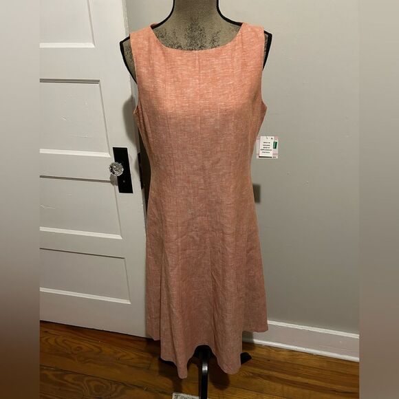 NWT Kasper Heathered Coral Pink Linen Blend Fit and Flare Sleeveless Dress - Picture 1 of 13